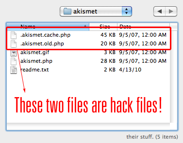 hacked WordPress Akismet folder containing hidden files