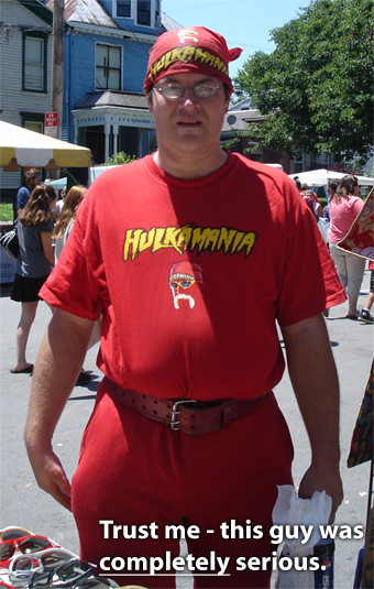 A weirdo wearing a Hulkamania outfit at the Portland festival. He was totally serious, too.